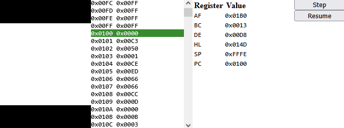 A user interface showing four panels; the first is a blank canvas, the second is a memory viewer, the third is a CPU register viewer, and the fourth is a pair of debugger controls for stepping or resuming.