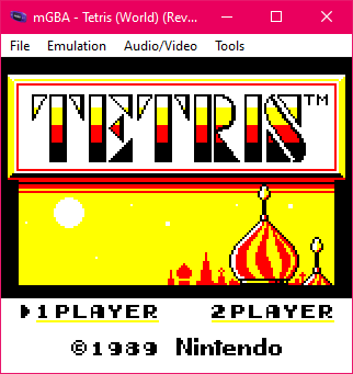 Tetris for the Game Boy running in the mGBA emulator