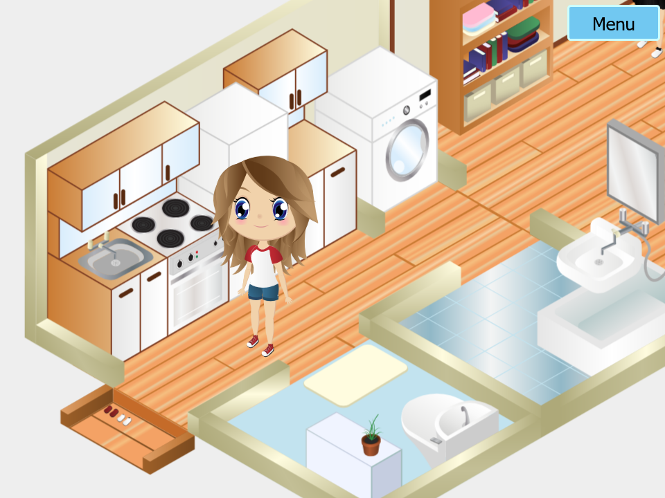 A cartoon exchange student standing in her isometric Japanese apartment