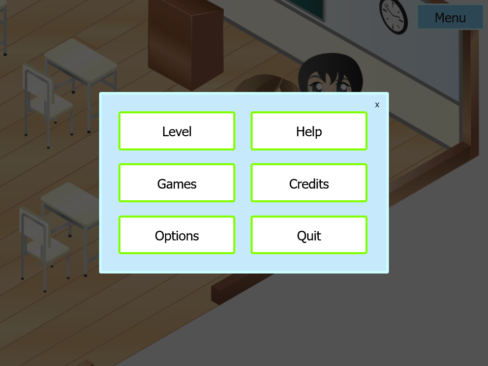 A menu in the foreground with a classroom in the background. The menu displays a two by three grid of options: level, help, games, credits, options, and quit.
