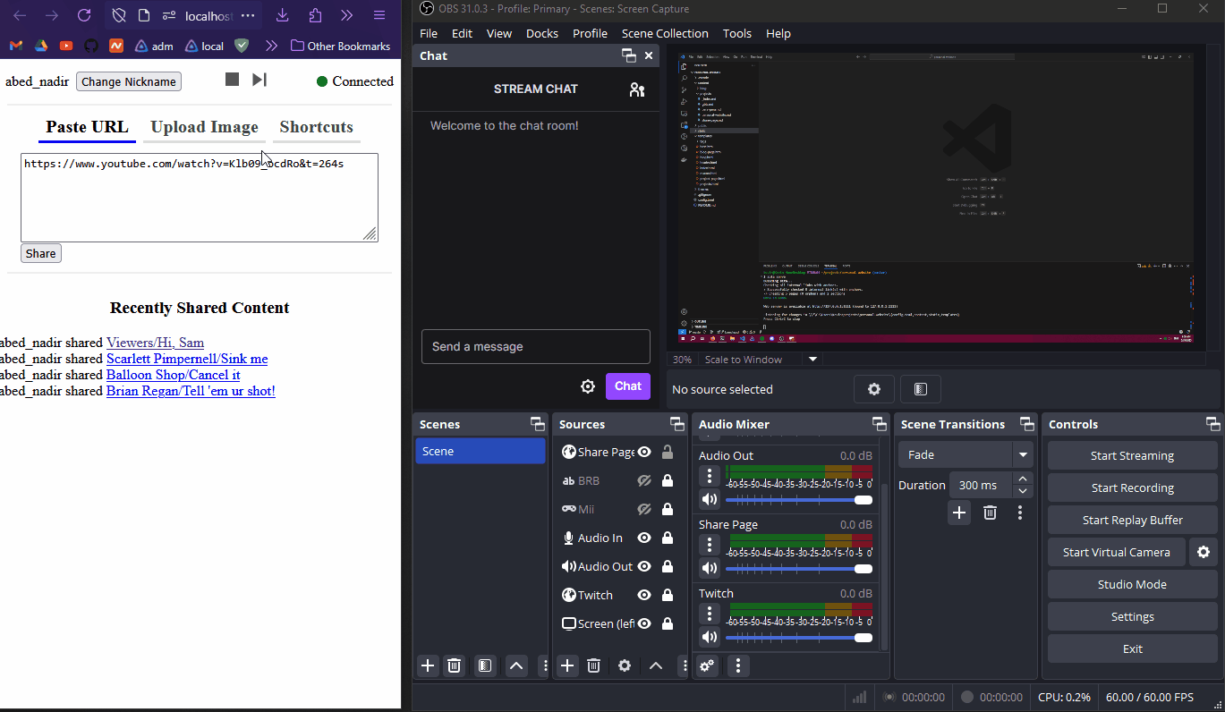Video showing the share page web app on the left and OBS on the right. A YouTube link is shared in the app, resulting in the video being played in OBS.